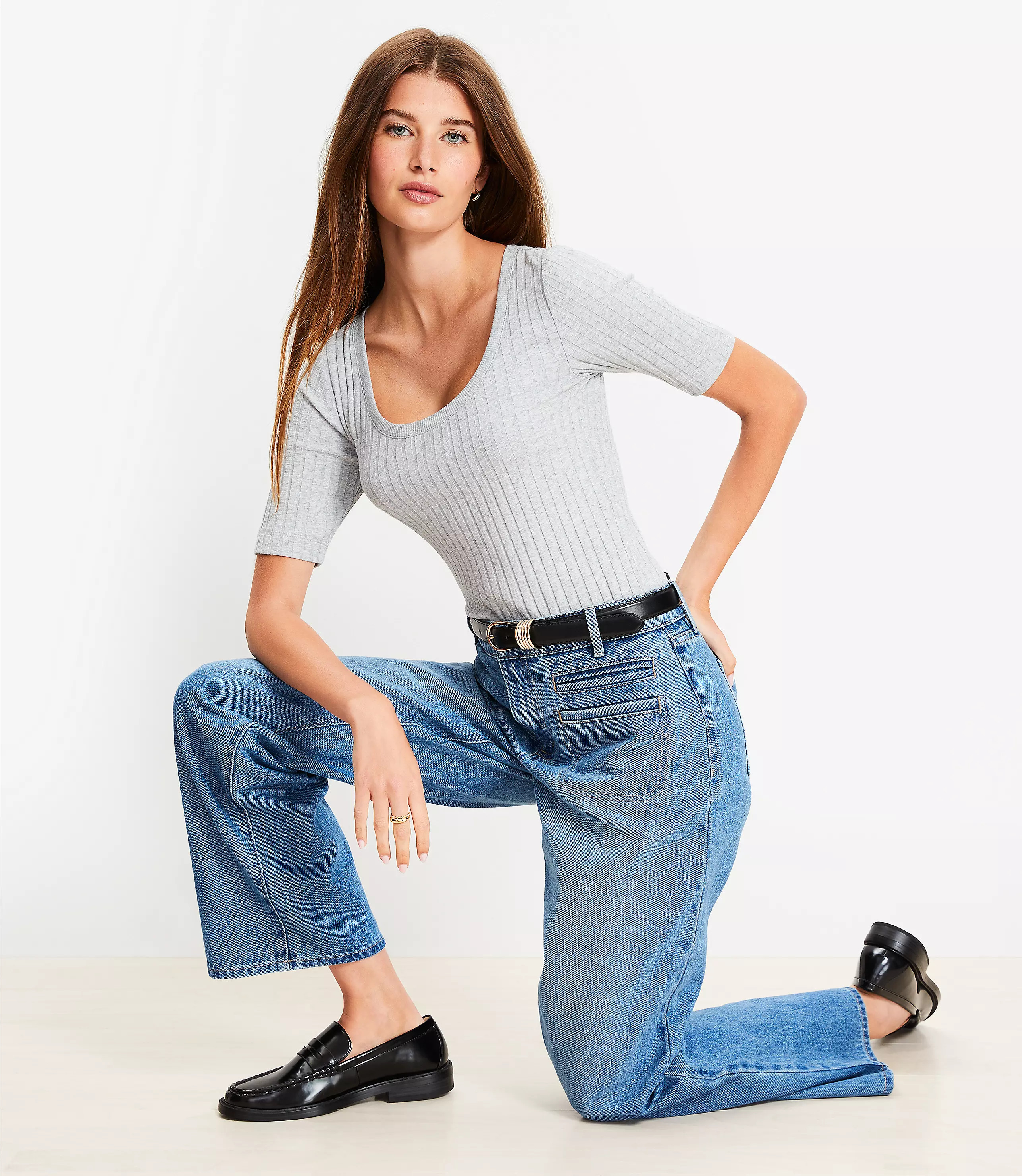 Heathered Ribbed Scoop Neck Tee | LOFT