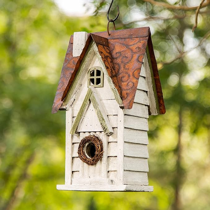 Glitzhome GH90086 Hanging Distressed Wooden Garden Cottage Birdhouse, White | Amazon (US)