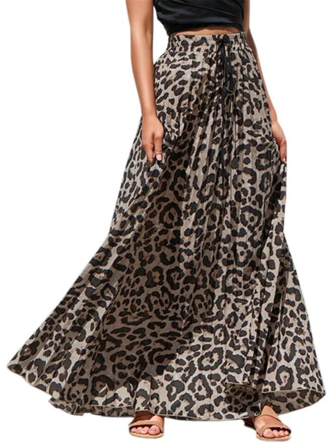 Pengfei Womens Leopard Print Long Skirts Drawstring High Waisted Beach Boho Maxi Skirt | Amazon (US)