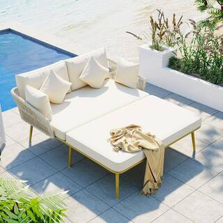 69.3 in.W Gold Metal Plastic Outdoor Chaise Lounge with Beige Cushions | The Home Depot
