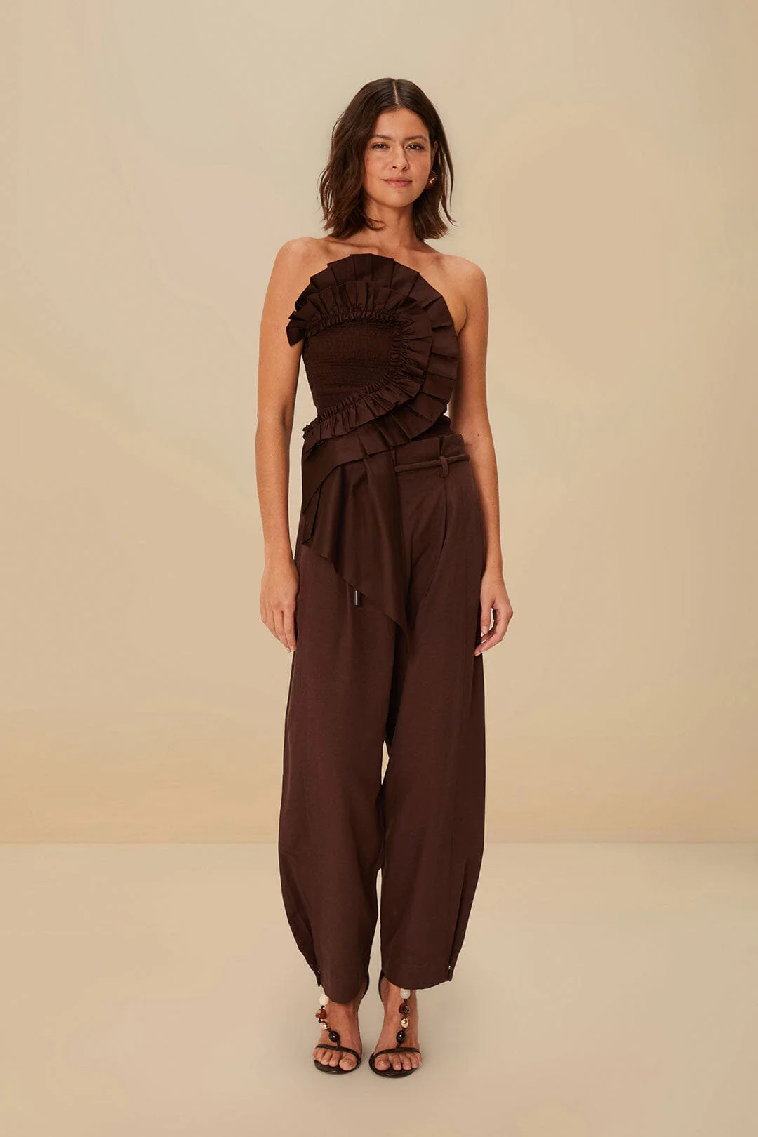 Coffee Topstitched Clochard Pants | FarmRio (US)