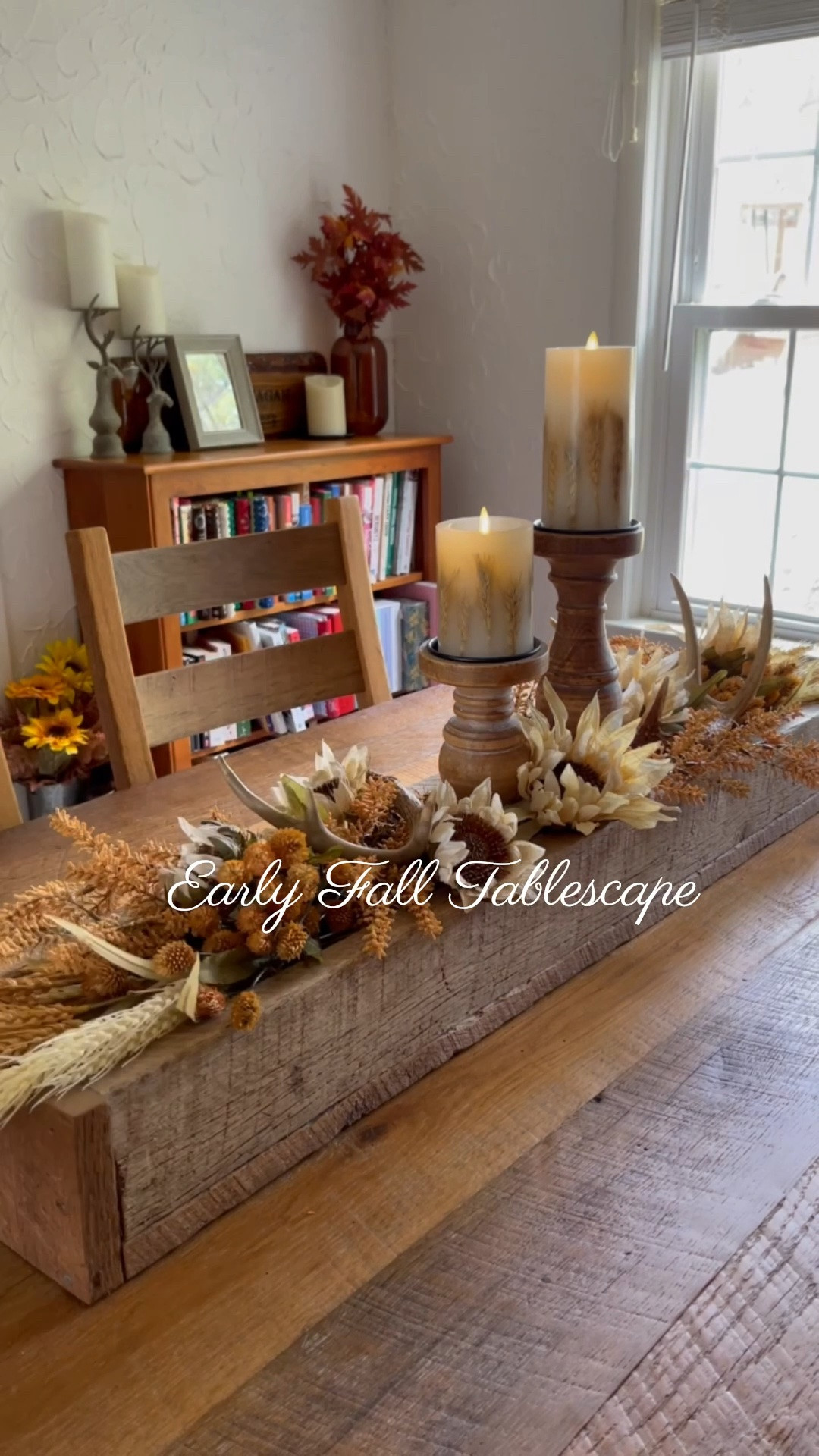 Fall tablescape using sunflowers, @Michaels fall leaf stems, battery operated candles, antlers

#LTKHome #LTKSeasonal #LTKSaleAlert