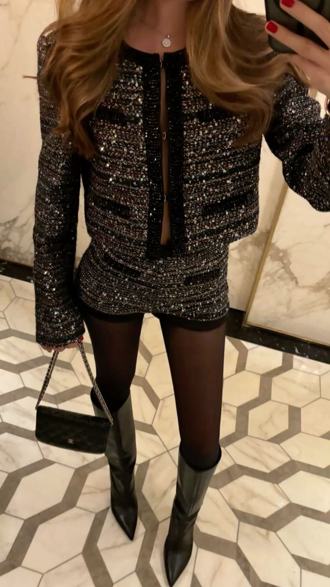 This outfit is perfect for a holiday party!! Found similar styles to recreate this look 🤍 

Black jacket and short matching set, holiday outfit, sequin matching set, elevated outfit, all black outfit, micro shorts, black cropped jacket, chic style, black knee high boots, tights outfit, black tights, black handbag 

#LTKHoliday #LTKSaleAlert #LTKSeasonal