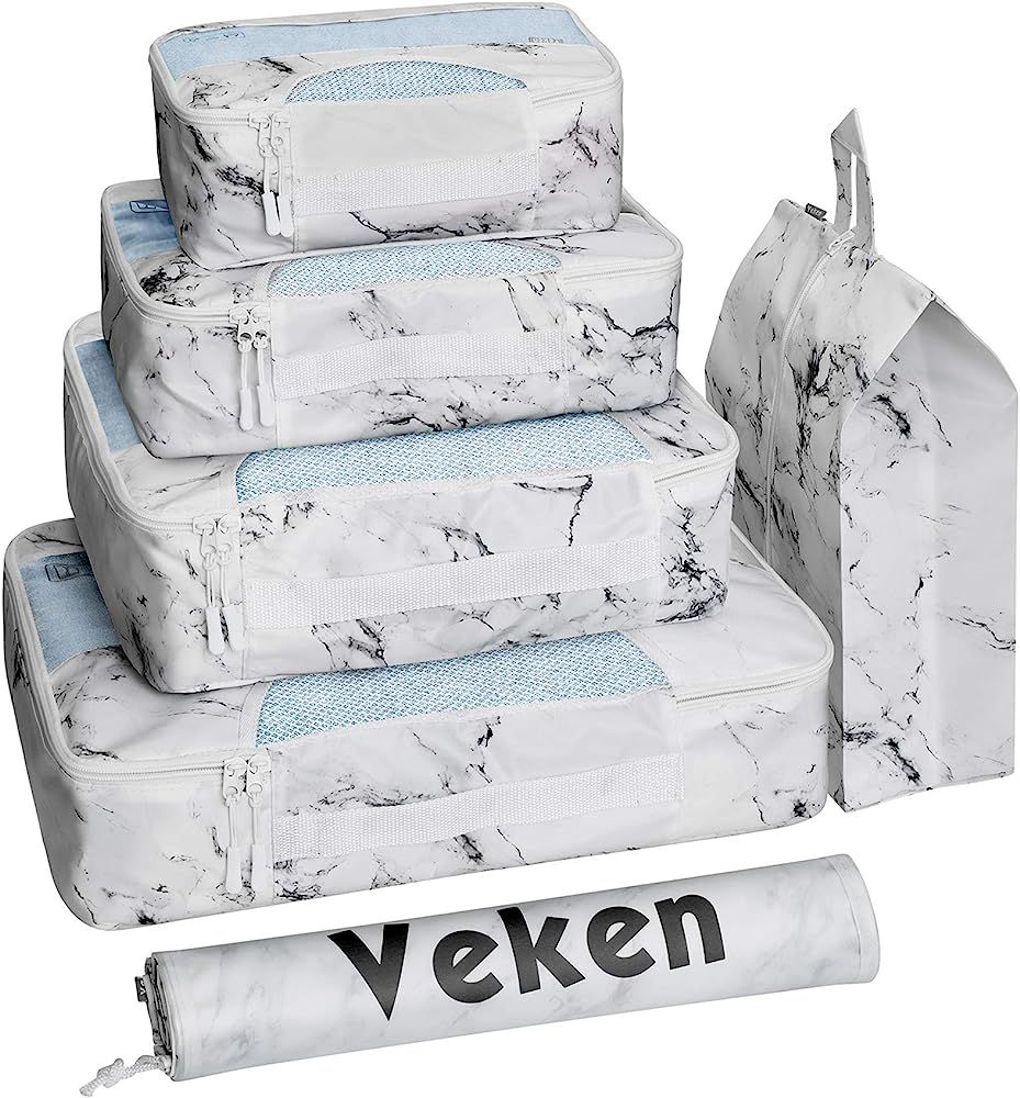 Veken 6 Set Packing Cubes, Travel Luggage Organizers with Laundry Bag Shoe Bag (White Mable) | Amazon (US)
