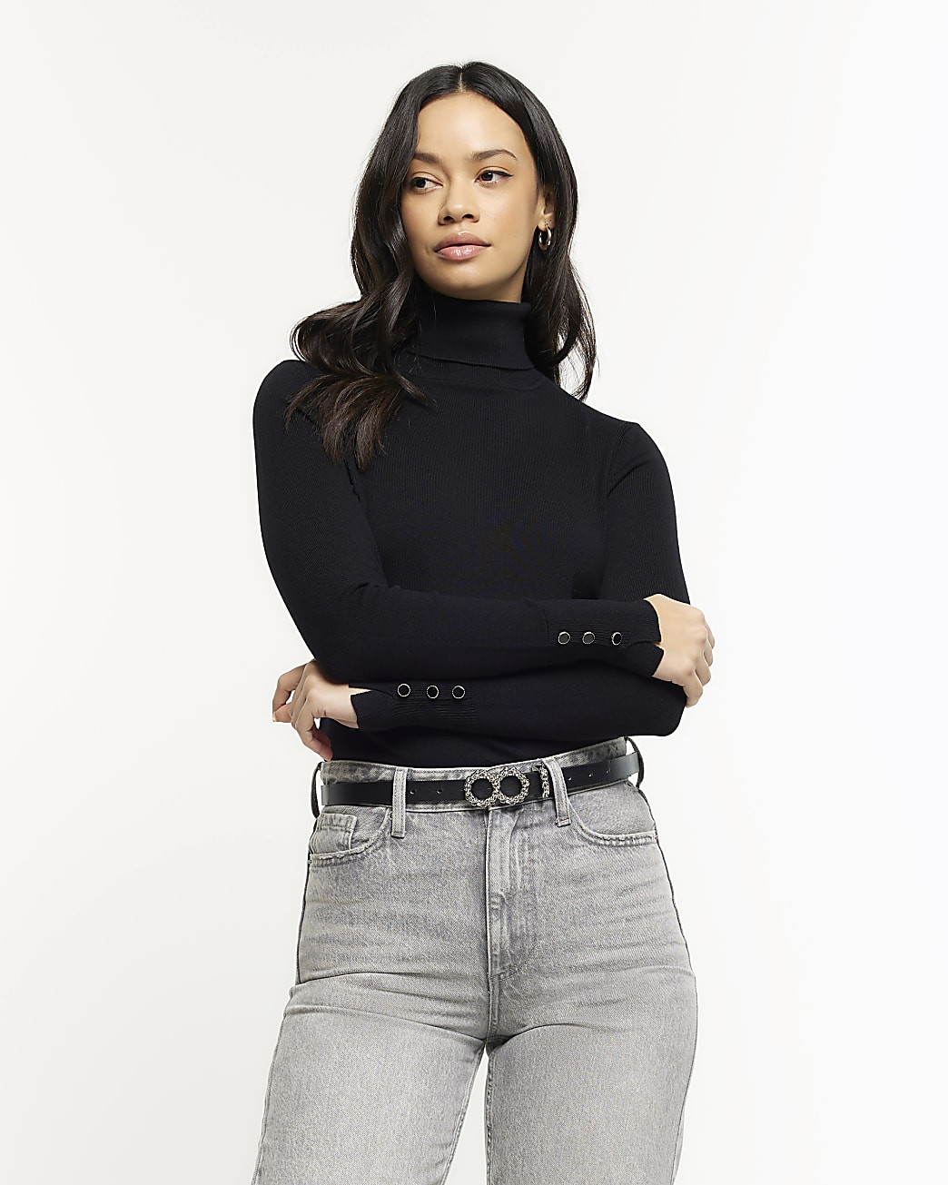 Black rib roll neck jumper | River Island (UK & IE)