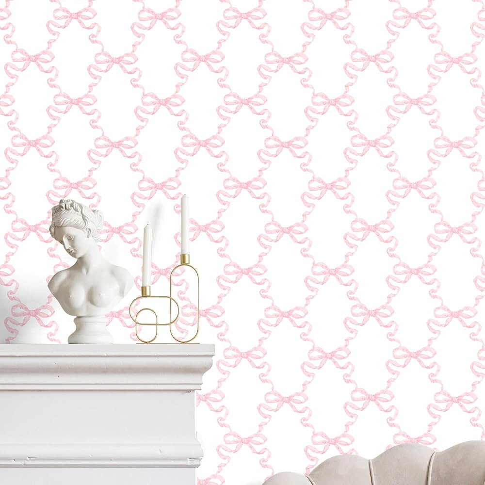 Pink Bow Wallpaper 15.75 x 118 Bow Ribbon Trellis Wallpaper Coquette Trendy Preppy Peel and Stick... | Amazon (US)