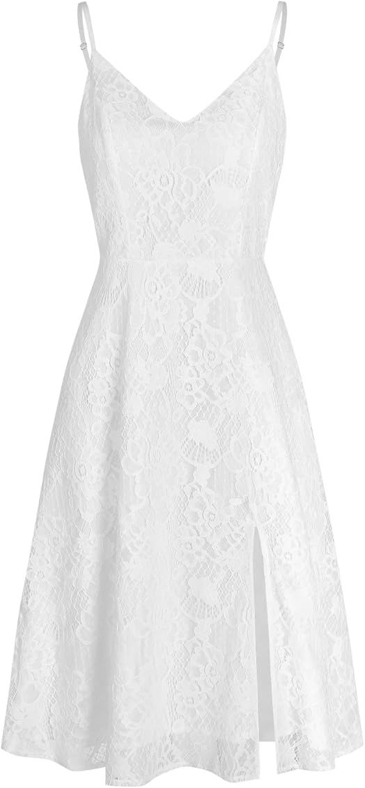 ZAFUL Women's V-Neck Lace Dress, Sleeveless Lace Floral Elegant Knee Length Cocktail Dress for Party | Amazon (US)