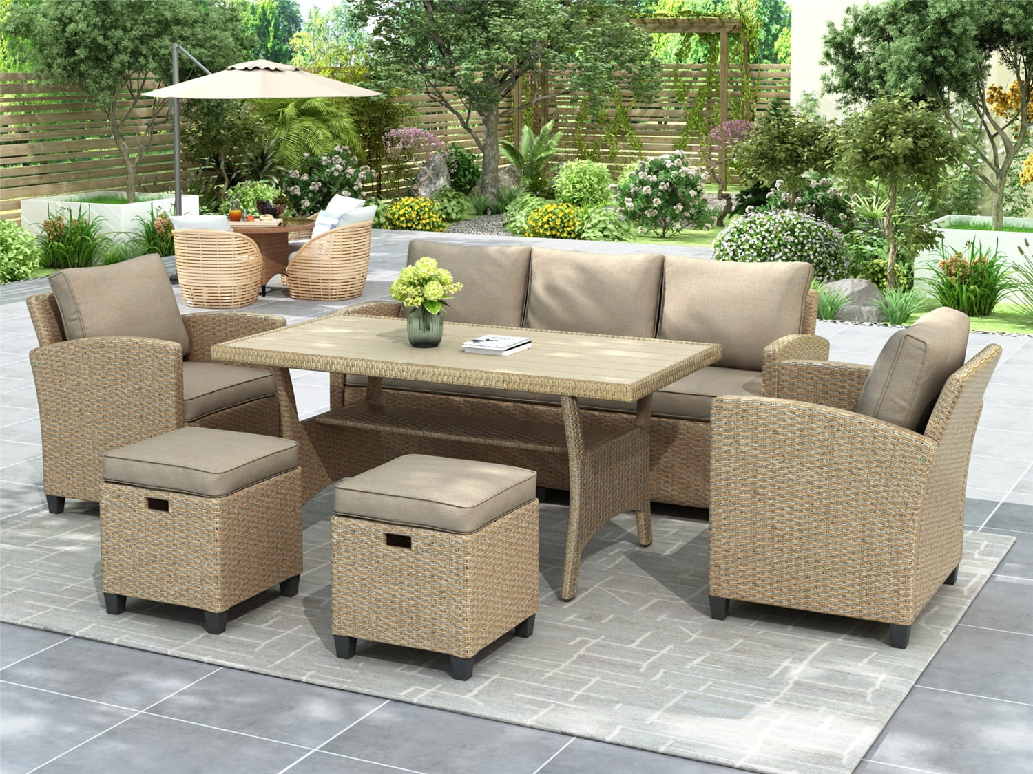 6 Pieces Outdoor Patio Furniture Set, Outdoor Dining Table Set All Weather Rattan Wicker Sofa wit... | Walmart (US)