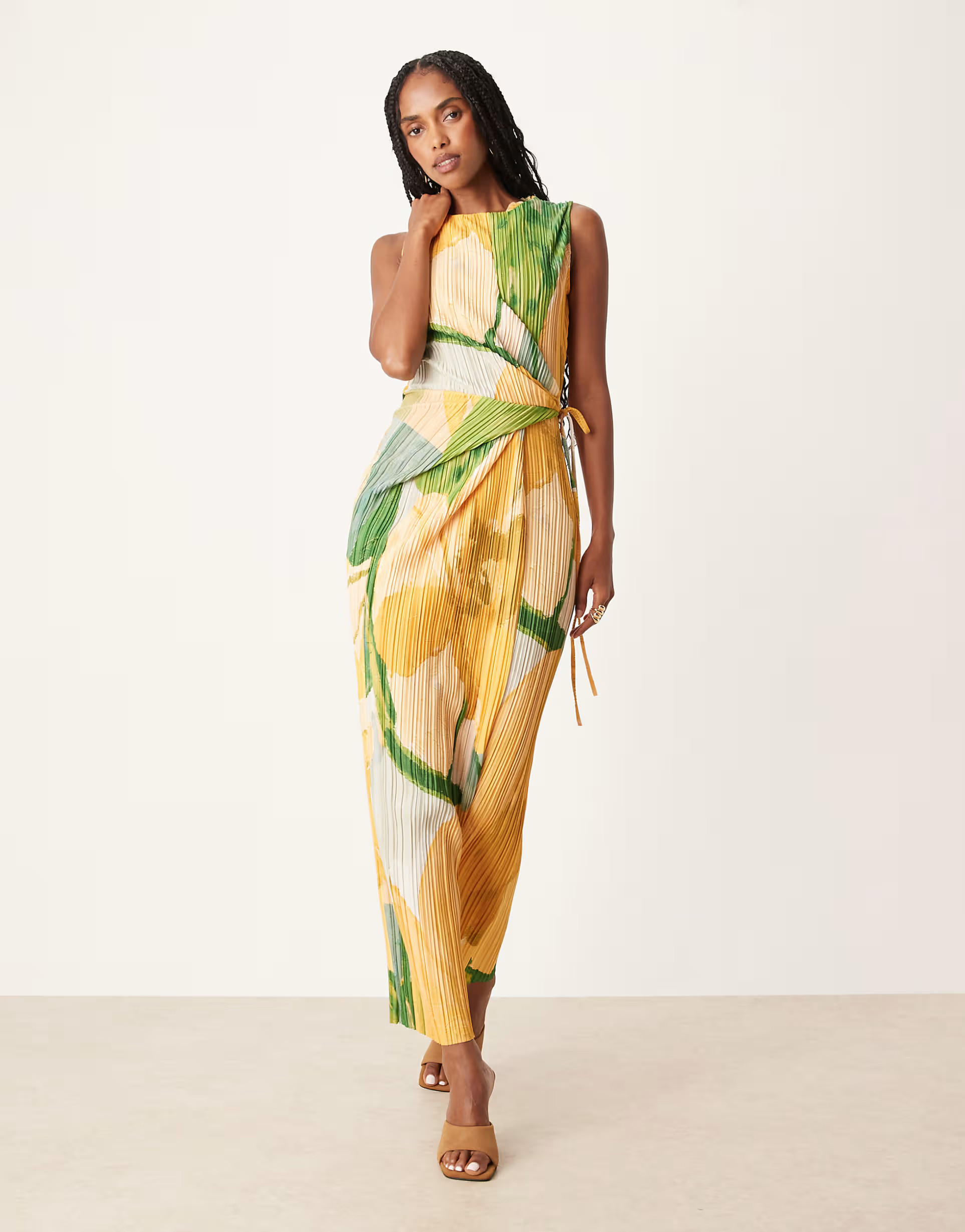 ASOS DESIGN plisse sleeveless wrap tie side maxi dress in painted green floral | ASOS (Global)
