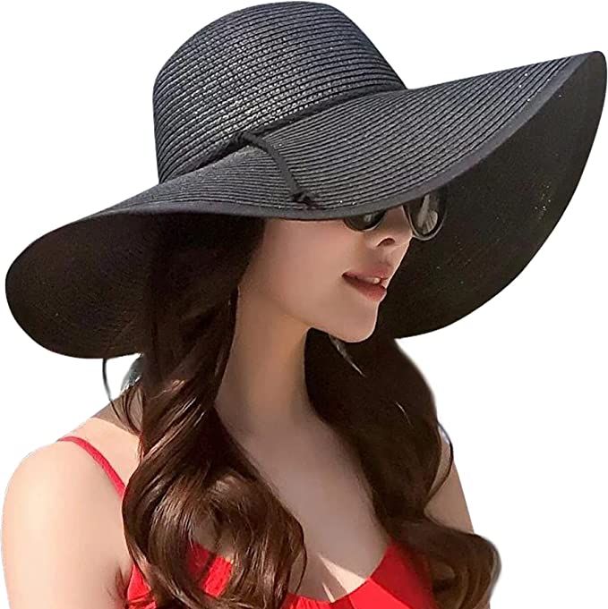 Lanzom Womens Wide Brim Straw Hat Big Floppy Foldable Roll up Cap Beach Sun Hat UPF 50+(Twine-Bla... | Amazon (US)