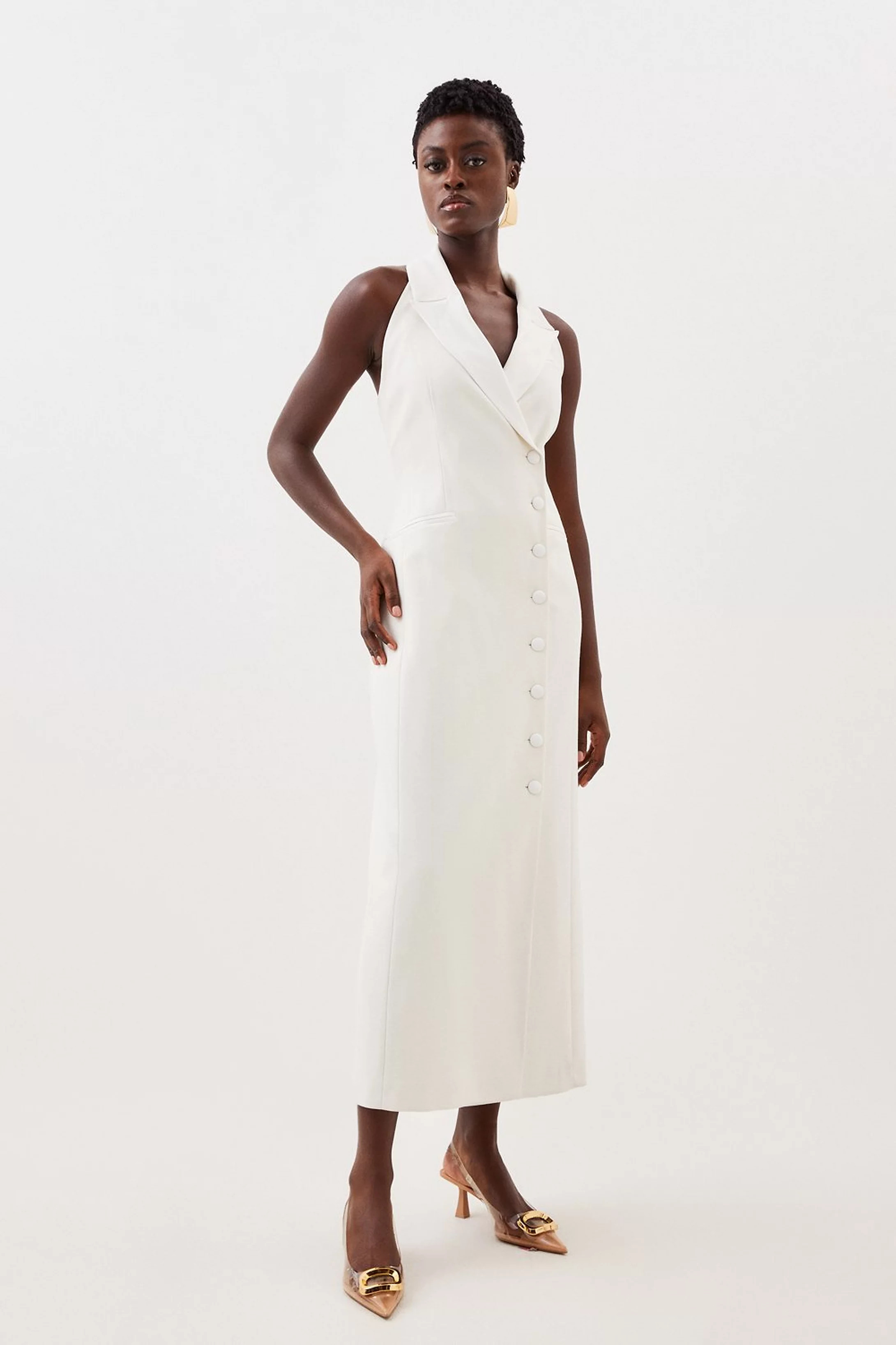 Tailored Premium Twill Halter Neck Sleeveless Maxi Dress | Karen Millen | Karen Millen UK + IE + DE + NL