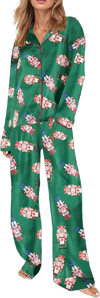 Faretumiya Women Silk Satin Christmas Pajamas Xmas Long Sleeve Sleepwear Holiday Print Two Piece ... | Amazon (US)