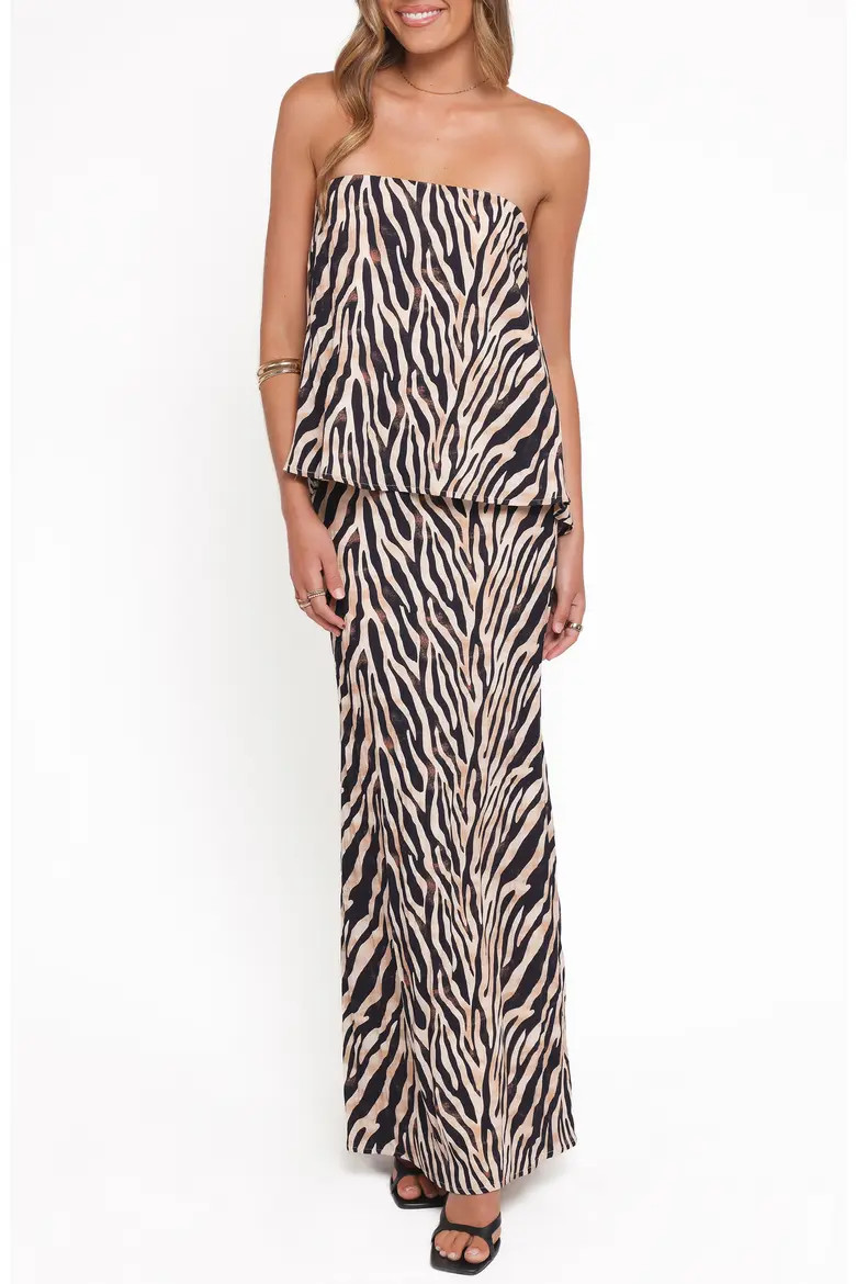 Petal & Pup Agnes Zebra Cotton & Linen Strapless Top & Maxi Skirt Set in Brown Zebra at Nordstrom, Size Small | Nordstrom