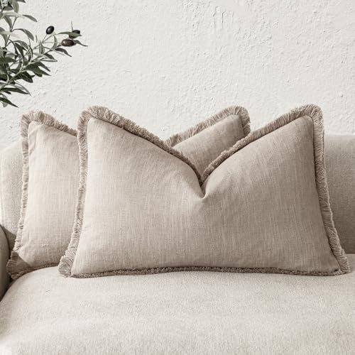 Foindtower Set of 2 Decorative Linen Fringe Lumbar Throw Pillow Covers Farmhouse Cushion Cover with Tassels Accent Pillowcase for Couch Sofa Bed Living Room Home Decor,12×20 Inch,Natural Linen | Amazon (US)