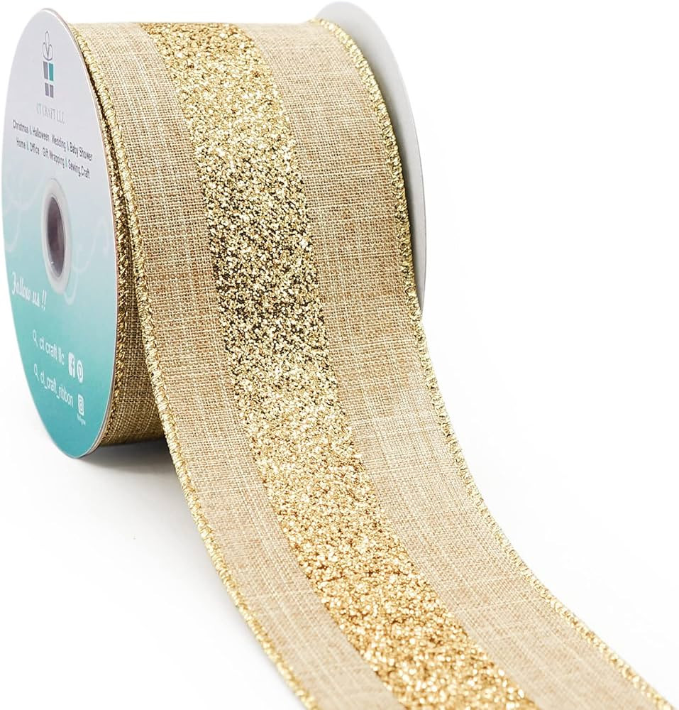 CT CRAFT LLC Tan Faux Jute with Gold Stripe Wired Ribbon for Home Decor, Gift Wrapping, DIY Craft... | Amazon (US)
