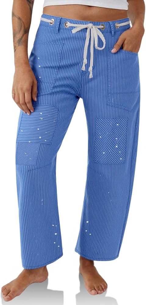 PLNOTME Womens Baggy Barrel Horseshoe Jeans Wide Leg Patchwork Low Rise Denim Pants with Pockets | Amazon (US)