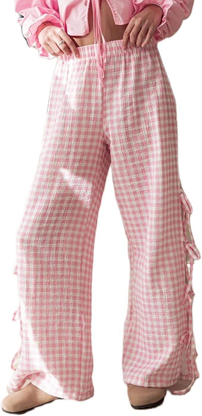 Women Y2k Striped Print Pants Casual Loose Fit High Waist Drawstring Wide Leg Pop Pants Vintage S... | Amazon (US)