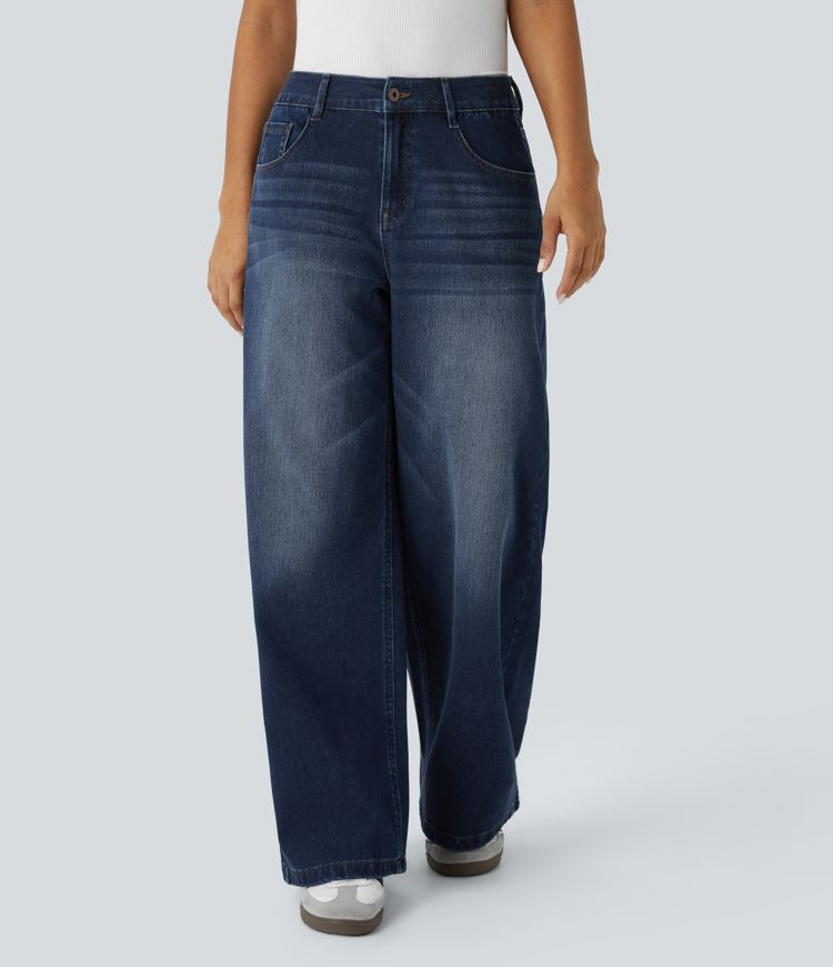 Women’s Halara Flex™ Low Rise Zipper Pockets Washed Baggy Wide Leg Casual Jeans - Halara | HALARA