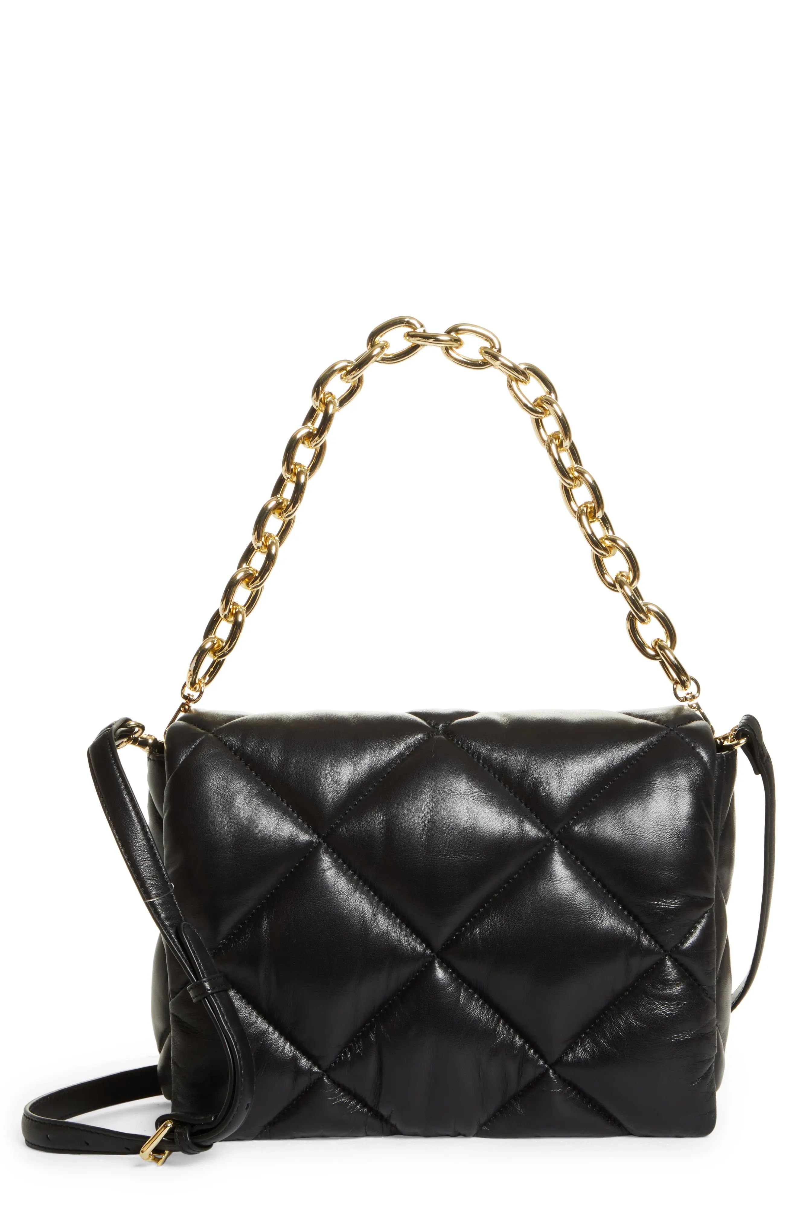 Stand Studio Brynnie Quilted Lambskin Leather Convertible Clutch in Black With Gold Chain at Nordstr | Nordstrom