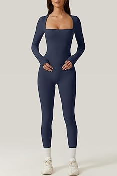 QINSEN Womens Sexy Square Neck Long Sleeve Full Length Leggings Bodycon Stretch Jumpsuit | Amazon (US)