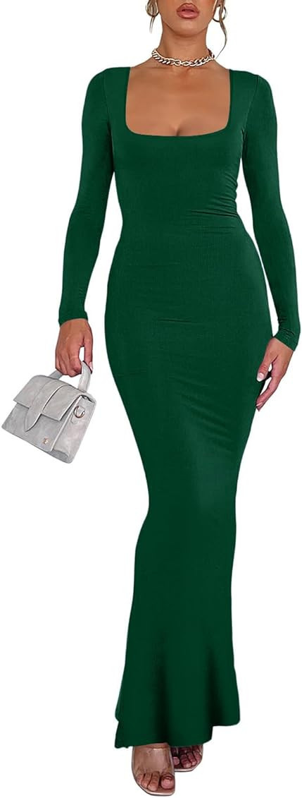 Ezbelle Women's Sexy Long Sleeve Bodycon Maxi Dresses Fall Lounge Elegant Scoop Neck Ribbed Long ... | Amazon (US)
