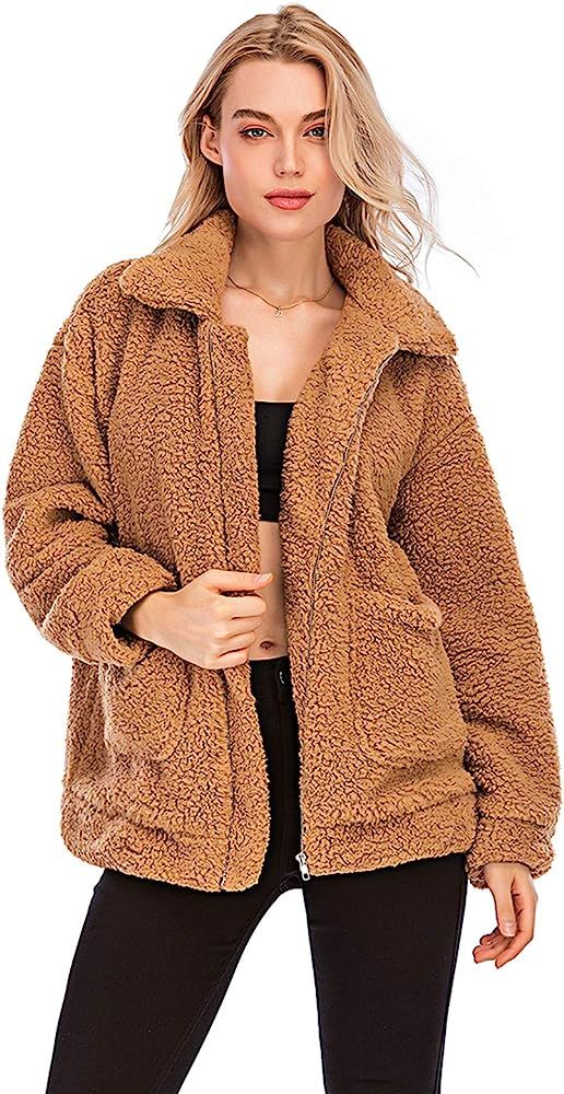 Womens Faux Shearling Jacket, Casual Lapel Fleece Fuzzy Jacket Shaggy Oversized Jacket Fashion Ca... | Amazon (US)
