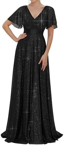 Ever-Pretty Women's Evening Gowns V Neck Ruched Short Sleeves A-line Glitter Formal Dresses | Amazon (US)
