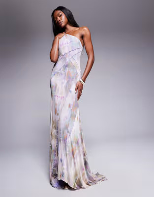 ASOS DESIGN mesh one shoulder exposed seams maxi dress with full hem in blurred lilac floral prin... | ASOS (Global)