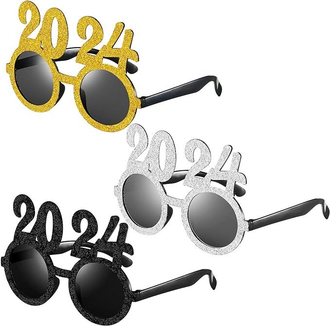 Flutesan 3 Pairs 2024 New Year Sunglasses Glitter 2024 Number Glasses Gold Silver Black Party Eye... | Amazon (US)