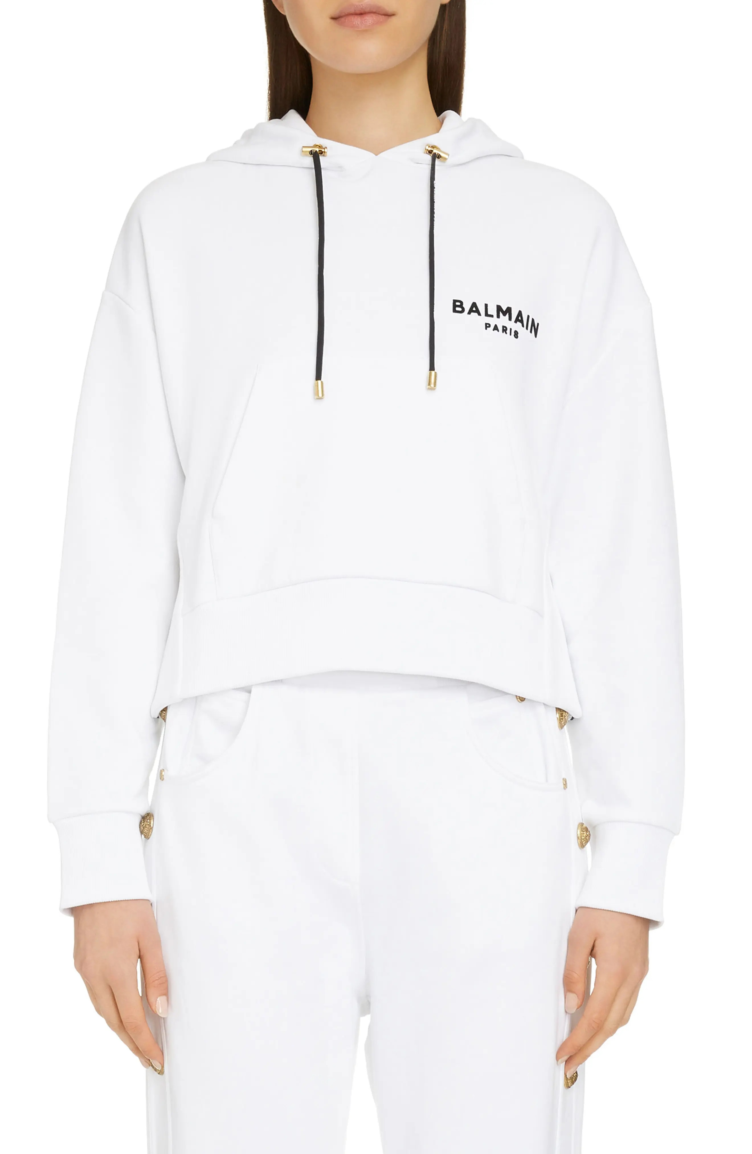 Women's Balmain Flocked Logo Crop Hoodie, Size Large - White | Nordstrom