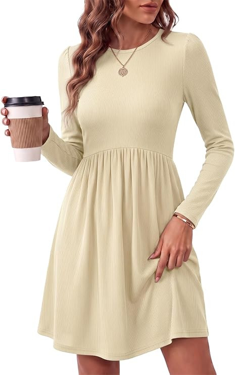 Wenrine Womens Long Sleeve Mini Dresses Ribbed Knit Fall Sweater Dress | Amazon (US)