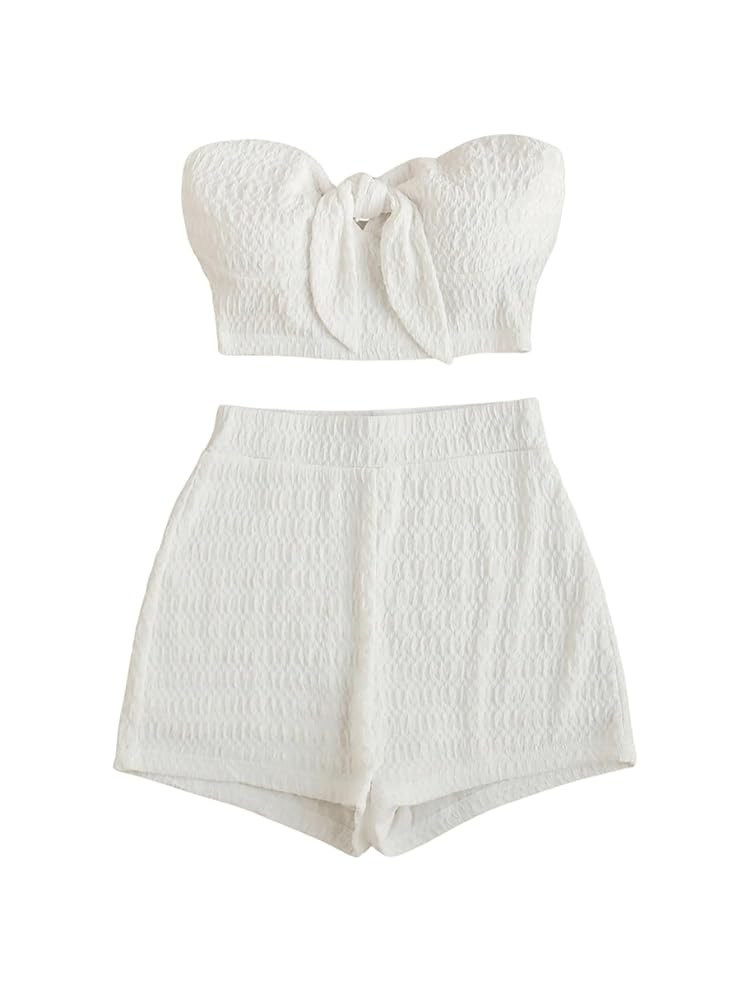 Floerns Women's 2 Piece Outfits Summer Tie Front Strapless Crop Top and High Waist Textured Short... | Amazon (US)