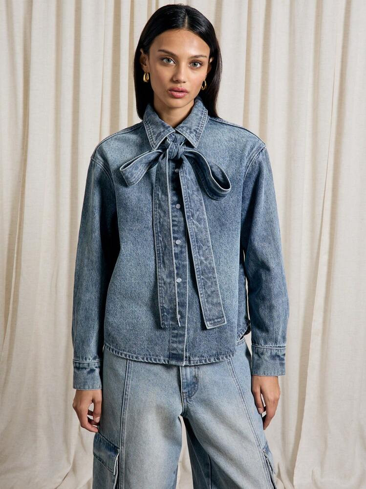 AiiRZ Bow Tie Denim Shirt | SHEIN