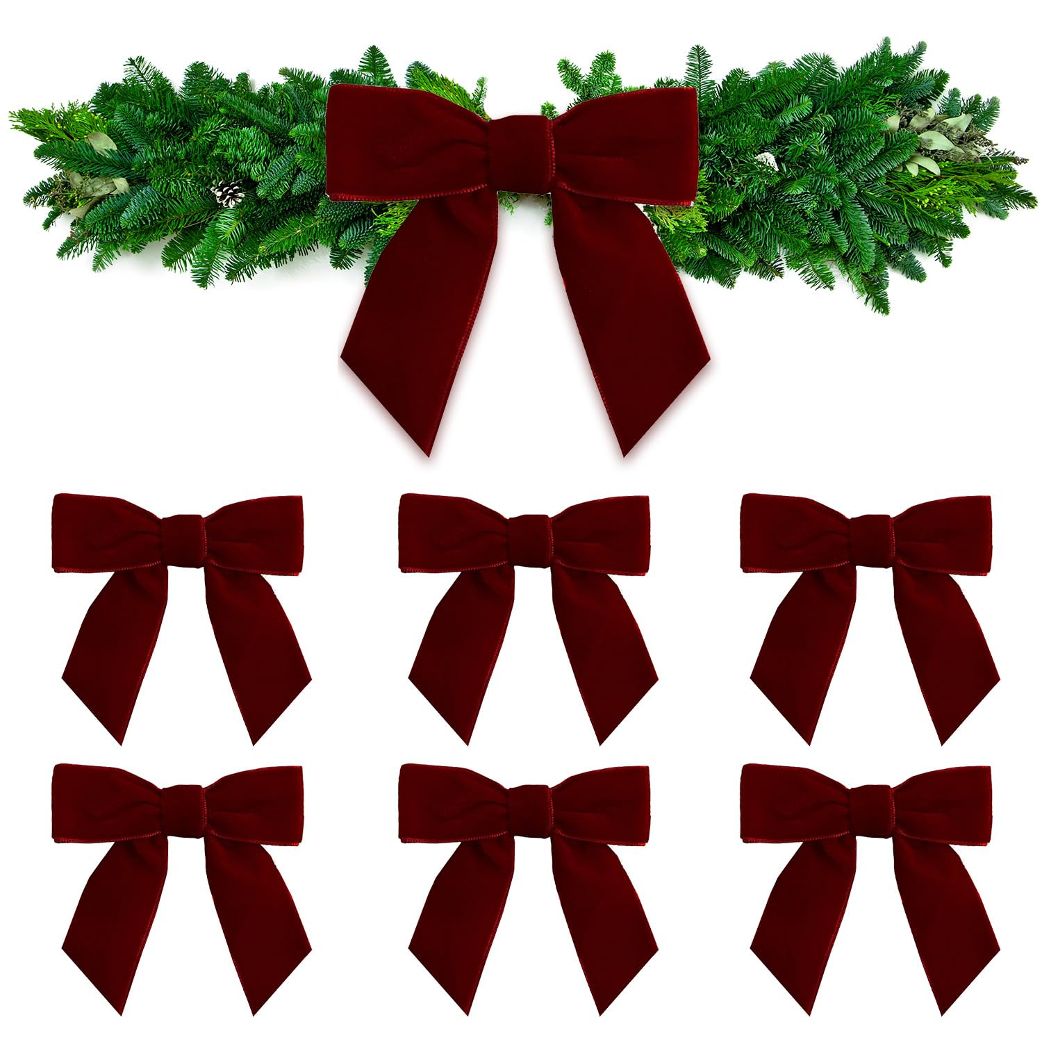 AZYM Velvet Bows for Christmas Tree, 7 Pcs Wine Red Mini Twist Tie Ribbon Bows for Xmas Wreaths G... | Amazon (US)