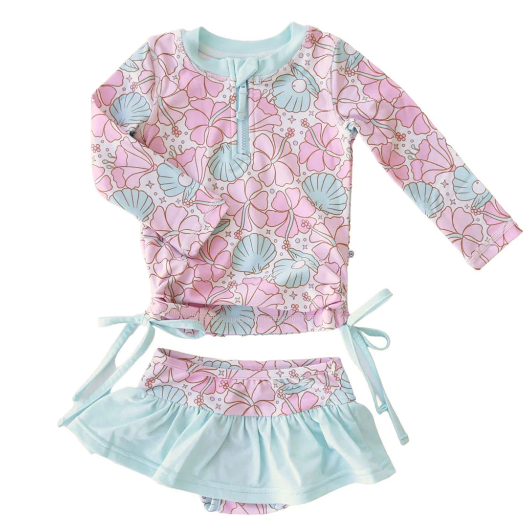 Long Sleeve Rash Guard Top With Ruffle Skirt | Ocean Pearl | Caden Lane