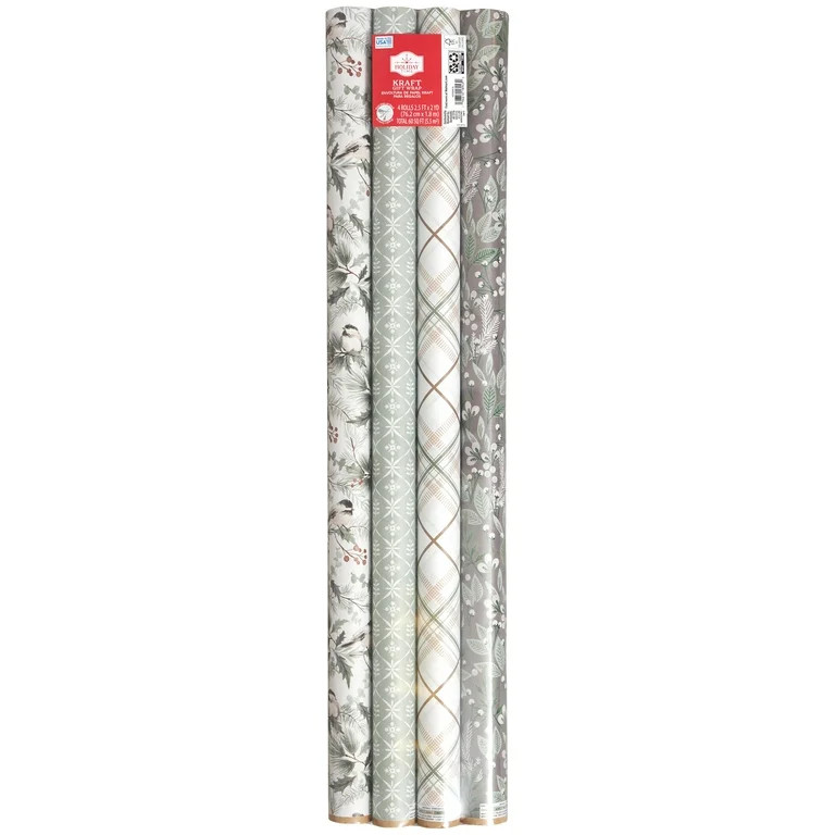 White and Gray Foliage Kraft Paper Christmas Gift Wrap, 4 Rolls, 60 sq ft, by Holiday Time - Walm... | Walmart (US)