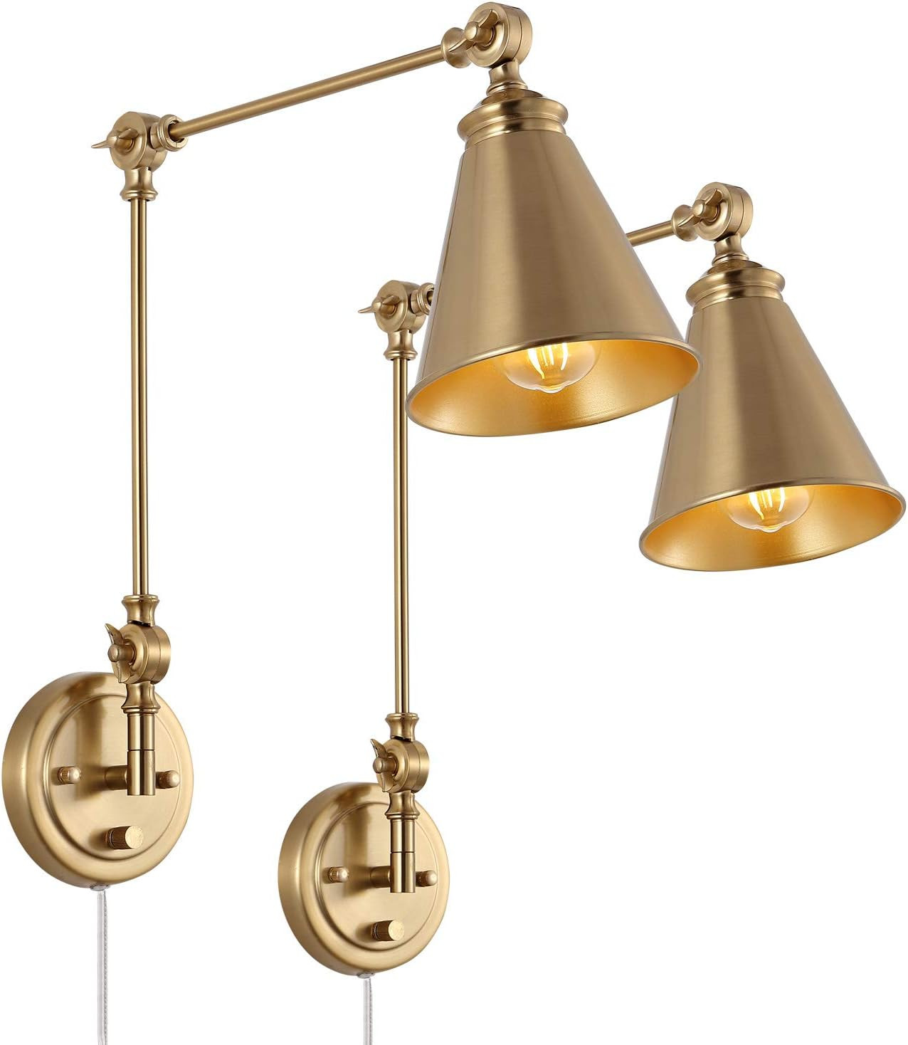 WINGBO Farmhouse Swing Arm Wall Sconce Set of 2, Industrial Adjustable Wall Lamp Light Fixture for Living Room Bedroom Vanity Study Desk Office, Plug in or Hardwired, Brass | Amazon (US)