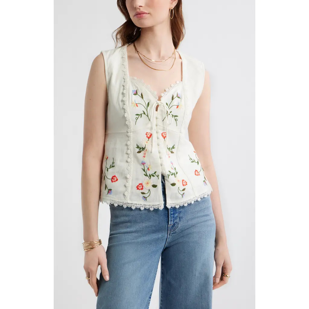 Treasure & Bond Embroidered Sleeveless Top in Ivory Multi at Nordstrom, Size Xx-Small | Nordstrom