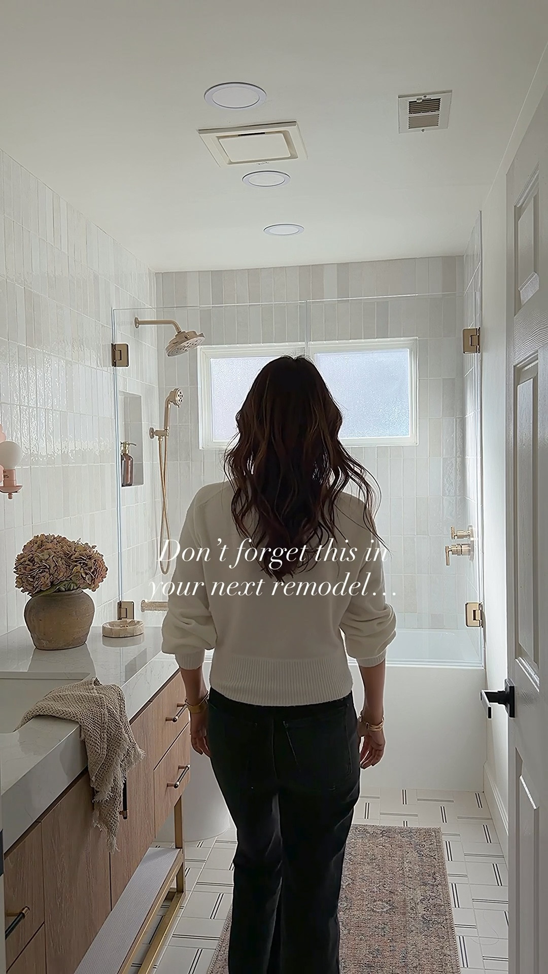 The one detail everyone forgets in their remodel! Avoid getting splashed by the water and put your controls on the opposite side of the showerhead. 

White tile, wood vanity, hydrangea, flowers, vase, Shower Glass door bathtub soaking brass, plumbing hardware faucet, shower bathroom design

#LTKFindsUnder100 #LTKSaleAlert #LTKHome