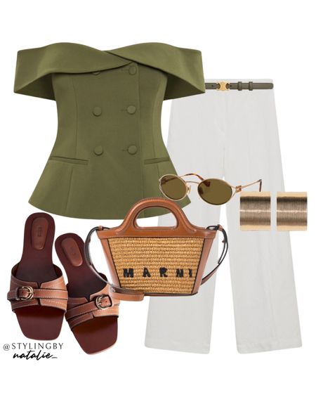 Green Bardot suit top, white linen tailored trousers, celine belt, tan sandals with buckle detail, Marni tote bag, gold earrings & Miu Miu sunglasses.
Summer outfit, casual chic, smart casual, going out, weekend outfit, brunch look.

#LTKstyletip #LTKsummer #LTKpartywear