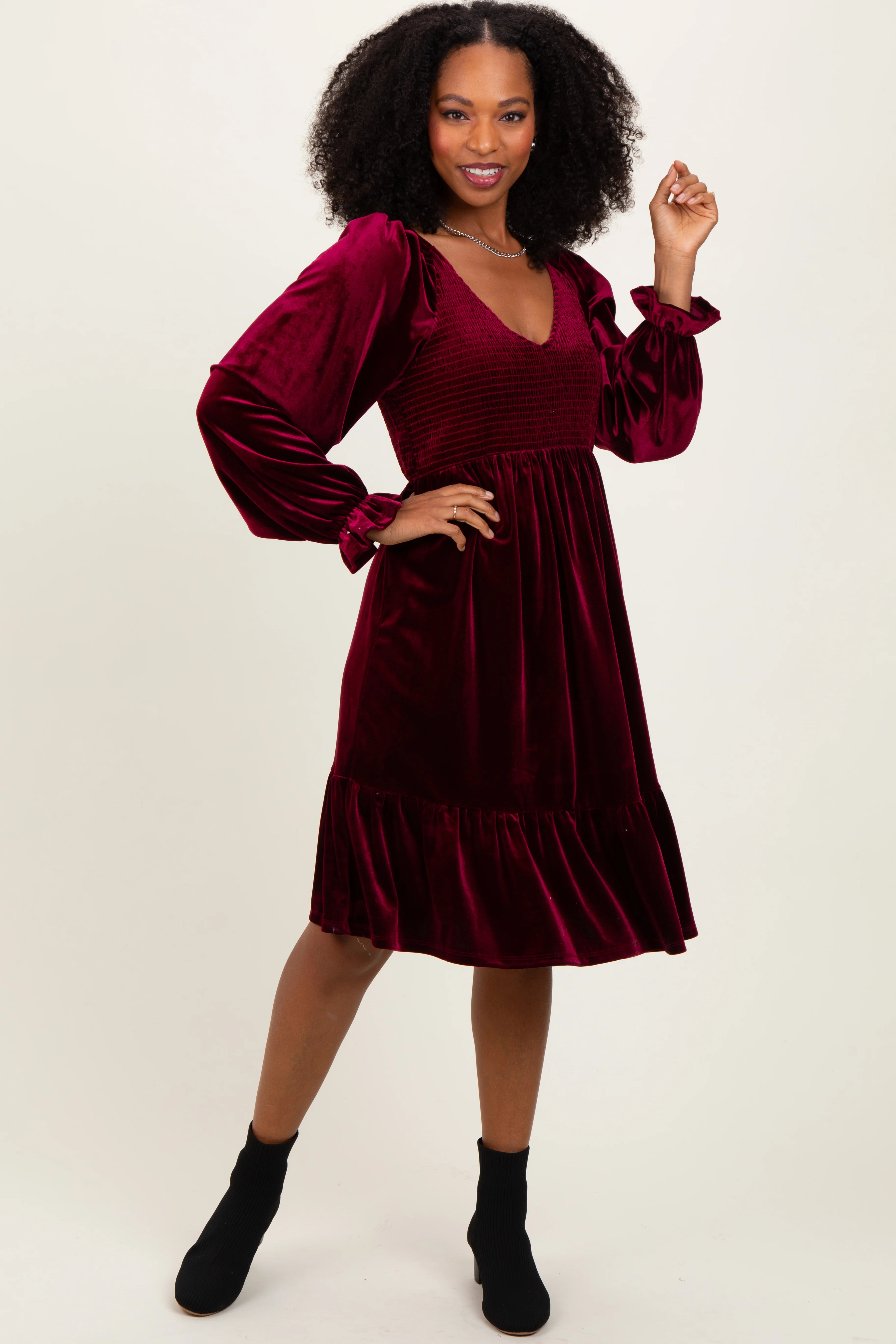 Burgundy Velvet Smocked Long Sleeve Dress | PinkBlush Maternity