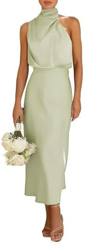 Women's Spring Summer Satin Sleeveless Halter Maxi Dress Elegant Formal Mock Neck Cocktail Party ... | Amazon (US)