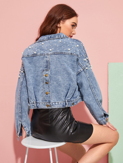 Single Breasted Pearls Beaded Drop Shoulder Denim Jacket | SHEIN