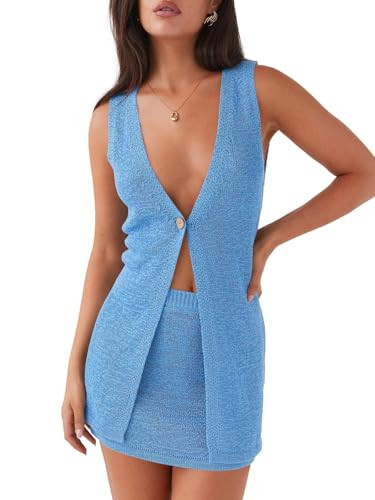 Tankaneo Womens 2 Piece Vacation Sets Sleeveless V Neck Long Vest Knit Top and Mini Skirt Summer Beach Outfits | Amazon (US)