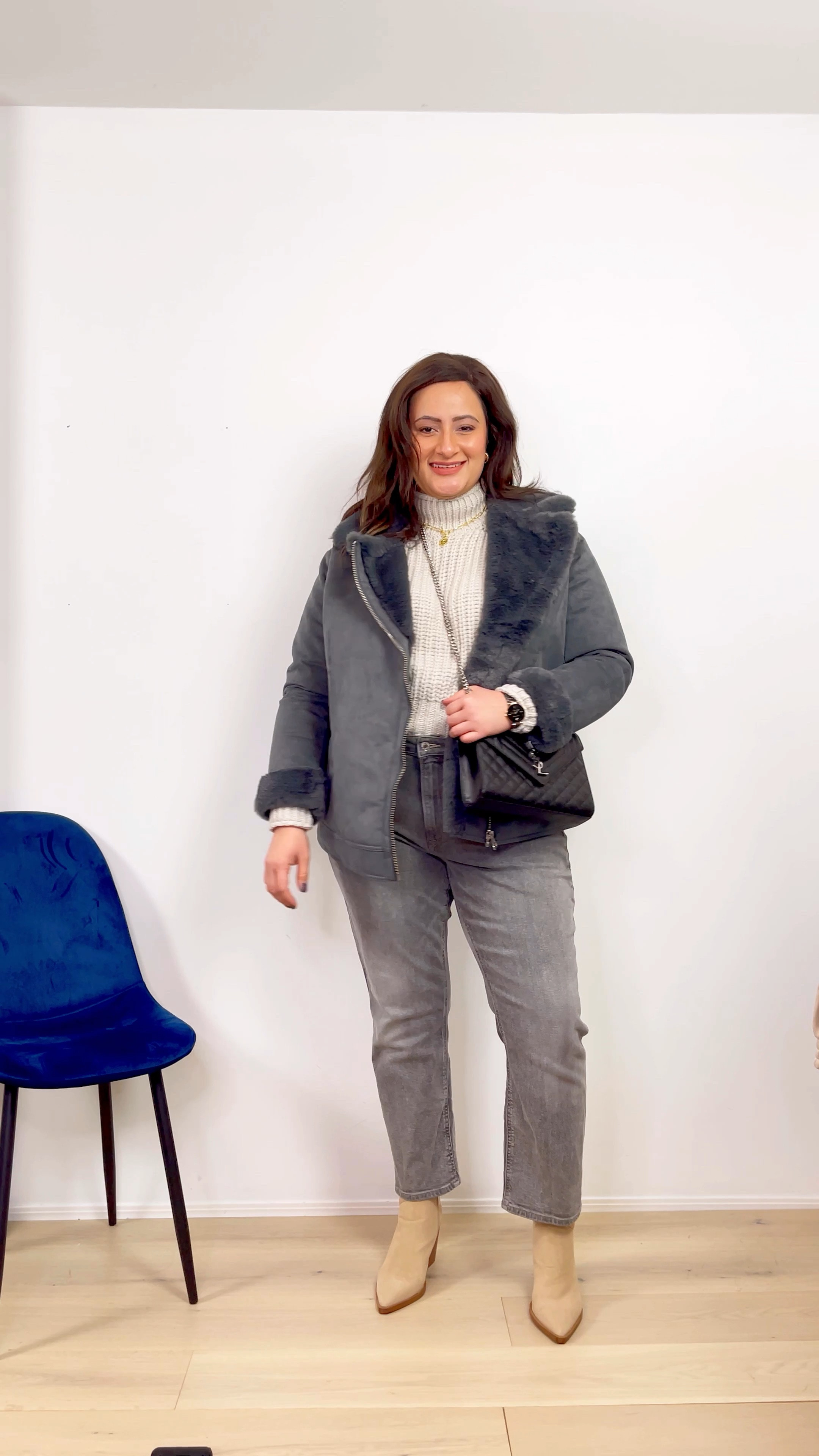 Faux shearling jacket from H&M. Chunky cropped knit, high waisted jeans. Ankle booties from Nordstrom and ysl purse. Winter outfit, smart casual fashion 

#LTKstyletip #LTKSeasonal #LTKunder100