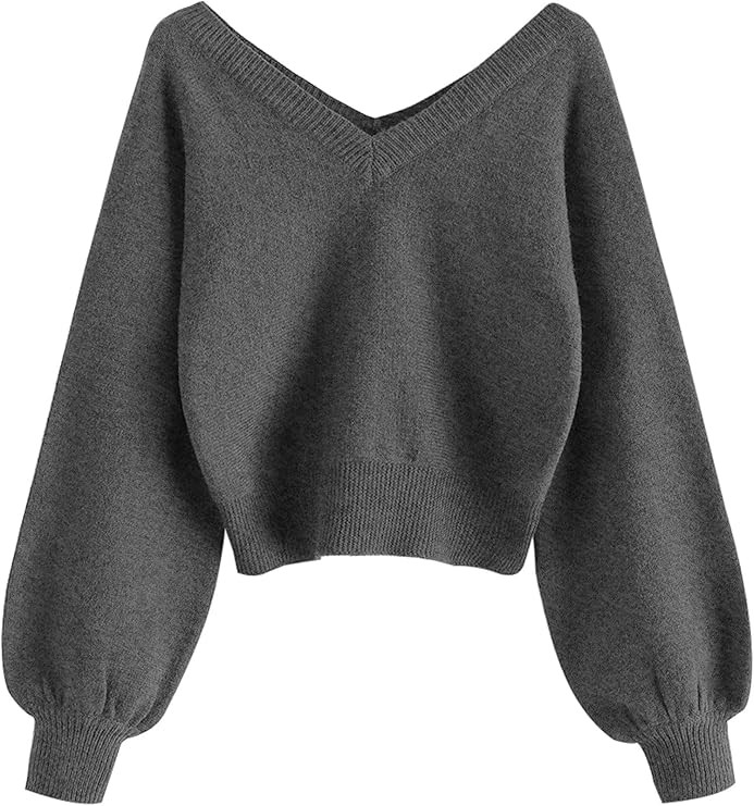 ZAFUL Women's Cropped Sweater V-Neck Long Sleeve Crop Sweater Pullover Jumper Knit Top | Amazon (US)