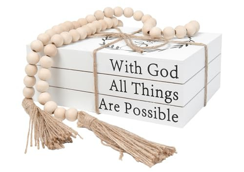 Decorative Books for Home Decor, Faux Books for Decoration, Rustic Farmhouse Decor, Fake Books with 52in Wood Beads Garland, Book Decor for Living Room Coffee Table (Blessed) | Amazon (US)