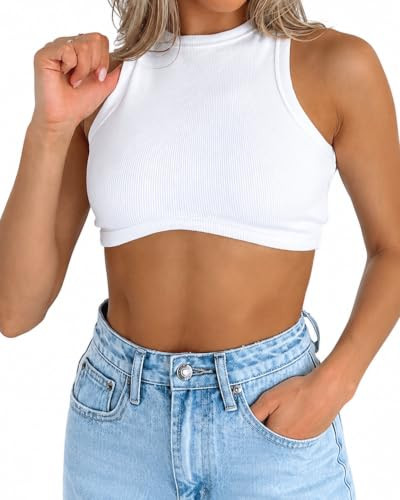 Abardsion Women's Crew Neck Racerback Knit Ribbed Crop Tank Tops White | Amazon (US)