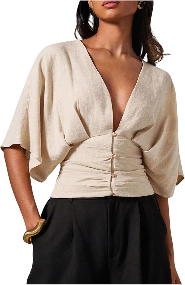 SHENHE Women's Deep V Neck Cinched Waist Linen Blouse Button Dolman Sleeve Dressy Top Shirt | Amazon (US)
