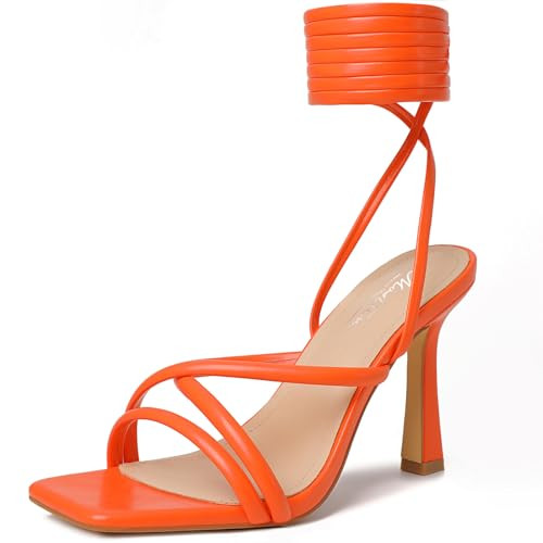Mostrin Orange Strappy Heels for Women Lace Up Heels Sexy Tie Up Stiletto Heeled Sandals Square Open Toe High Heels for Prom, Party and Weddings Size 7.5 | Amazon (US)